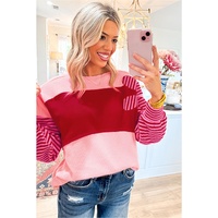 Pink Floral Patch Color Block Striped Sleeve Textured Top - M thumbnail