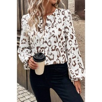 Khaki Leopard Print Split Neck Balloon Sleeve Blouse - L thumbnail