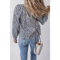 Blue Floral Print Notched V Neck Puff Sleeve Blouse - L thumbnail