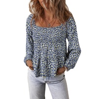 Blue Boho Floral Print Smocked Square Neck Loose Fit Blouse - L thumbnail