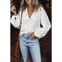 White Eyelet Embroidered Puff Sleeve V Neck Blouse - S thumbnail