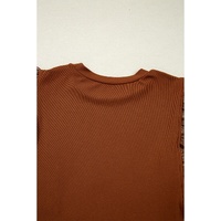 Cinnamon Leather Ruffle Sleeve Patchwork Round Neck Blouse - L thumbnail