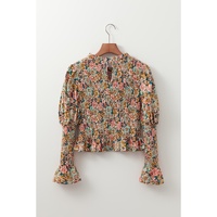 Yellow Floral Print Smocked Bubble Sleeve Ruffled Crop Top - L thumbnail
