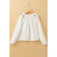 White Geometric Embroidered Long Sleeve Buttoned Blouse - M thumbnail