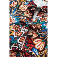 Black Tropical Print Bubble Sleeve Knot Front Blouse - L thumbnail