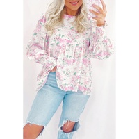 Pink Floral Print Shirred Balloon Sleeve Keyhole Back Babydoll Blouse - L thumbnail