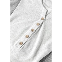 Light Grey Two Tone Contrast Waffle Knit Patched Buttoned V Neck Top - L thumbnail