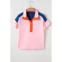 Gossamer Pink Color Block Half Buttoned Ruffled Short Sleeve T Shirt - L thumbnail