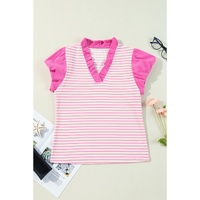 Pink Stripe Ruffled V Neck Cap Puff Sleeve Top - L thumbnail