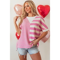 Pink Stripe Patchwork Textured Short Sleeve High Low Loose Top - L thumbnail