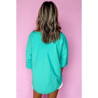 Mint Green Solid Color Half Sleeve Buttons Henley Top - L thumbnail