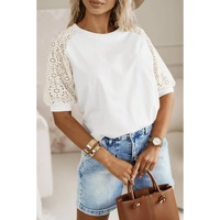 White Lace Crochet Short Sleeve Round Neck T Shirt - M thumbnail