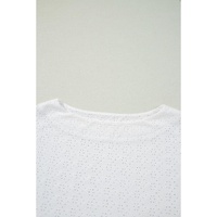 White Eyelet Pattern Boat Neck Casual Tee - S thumbnail