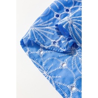 Sky Blue Eyelet Flower Embroidery Frilled Short Puff Sleeve Blouse - L thumbnail