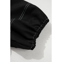Black Contrast Stitches Detail Puffy Half Sleeve Blouse - L thumbnail