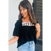 Black Flower Crochet Square Neck Textured Short Sleeve Blouse - L thumbnail