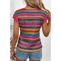 Rose Red Jacquard Textured Tasseled Cap Sleeve Top - L thumbnail