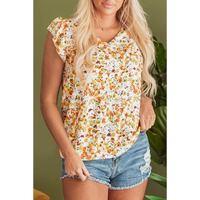 Green Floral Print Ruffled Sleeveless V Neck Tank Top - L thumbnail
