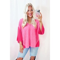 Sachet Pink Contrast Patchwork 3/4 Sleeve V Neck Loose Blouse - L thumbnail