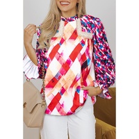 Rose Red Abstract Geometric Pattern Patchwork Puff Sleeve Blouse - L thumbnail