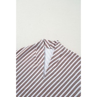 Chestnut Striped Stand V Neck Short Sleeve Blouse - L thumbnail
