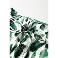 Green Metallic Threading Accents Pleated Abstract Printed Ruffled 3/4 Sleeve Blouse - S thumbnail