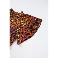 Orange Leopard Printed Draped Short Sleeve Slit V Neck Blouse - L thumbnail