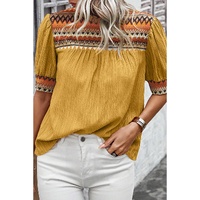 Mustard Geometric Short Puff Sleeve Frilled Collar Blouse - L thumbnail