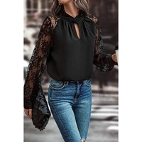 Black Keyhole Neckline Floral Lace Raglan Sleeve Blouse - XL thumbnail