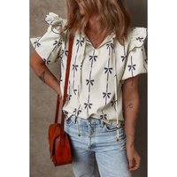 Beige Bow Printed Ruffled Bubble Sleeve Tied Notched V Neck Blouse - L thumbnail
