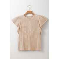 Beige Solid Color Textured Flutter Sleeve Top - XL thumbnail
