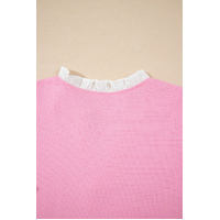 Pink Contrast V Neck Ruffled Textured Knit Top - L thumbnail