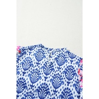 Blue Western Fashion Print Floral Puff Sleeve Frilled Neck Blouse - L thumbnail