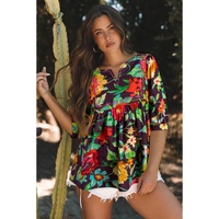 Greyish Purple Rose Flower Embroidered Trim Half Sleeve Blouse - M thumbnail