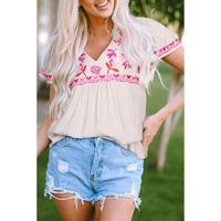 Beige Floral Embroidered Short Sleeve Notched V Neck Blouse - M thumbnail