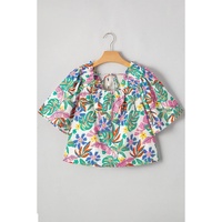 Green Plant Print Loose Fit Puff Sleeve Square Neck Blouse - L thumbnail