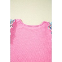 Bonbon Striped Ruffle Flutter Sleeve Ribbed Blouse - L thumbnail