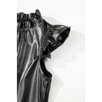 Black PU Leather Frilly Ruffle Trim Blouse - L thumbnail