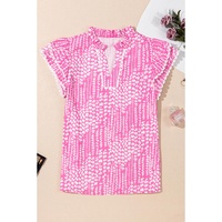 Pink Abstract Print Ric Rac Trim Flutter Sleeve Notch V Neck Blouse - L thumbnail