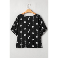 Black Bow Print Puff Short Sleeve Top - L thumbnail