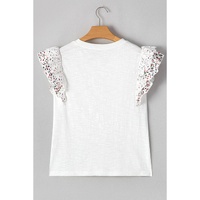White Floral Lace Eyelet Patched Butterfly Sleeve Blouse - S thumbnail