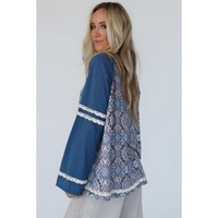 Blue Geometric Printed Lace Patchwork Ric Rac Raglan Long Sleeve Top - L thumbnail