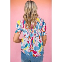 Multicolour Abstract Print Lace Detail Shirred Short Sleeve Split Neck Blouse - L thumbnail