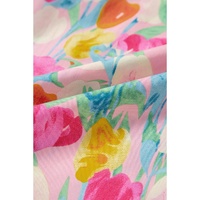 Pink Floral Layered Ruffle Flutter Sleeve Tie V Neck Blouse - L thumbnail