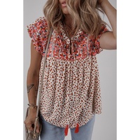 Red Printed Embroidery Detail Tie Split Neck Blouse - L thumbnail