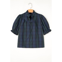 Green Stripe Plaid Puff Sleeve Frilled Trim Elegant Blouse - L thumbnail