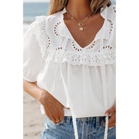 White Embroidered Lace Patchwork Tie Neck Puff Short Sleeve Blouse - S thumbnail
