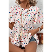 White Colorful Polka Dot Short Sleeve Tiered Ruffled Babydoll Blouse - L thumbnail