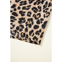 Khaki Leopard Ruffled Neck Cascading Puff Short Sleeve Top - L thumbnail