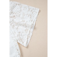 White Short Sleeve Scalloped Floral Lace Peplum Blouse - M thumbnail
